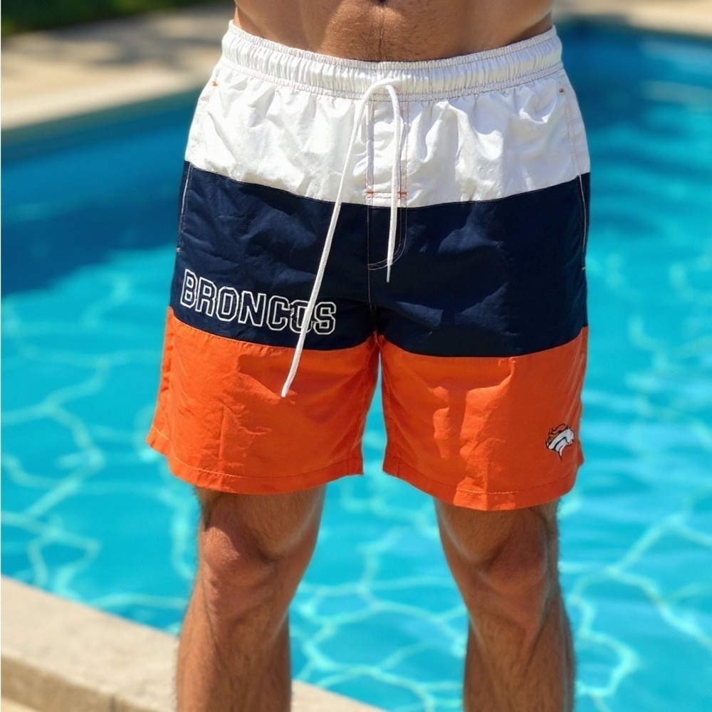 Broncos Men's Orange and Blue Swim Board Shorts